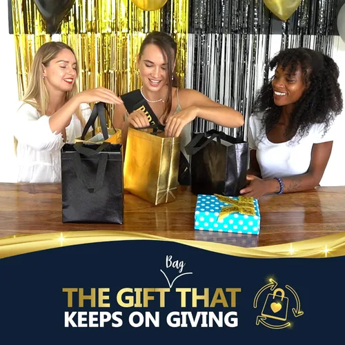 Miniatura 2 de Nush Nush Bolsas de regalo negras y doradas de tamaño mediano, juego de 12 bolsas de regalo reutilizables con asa