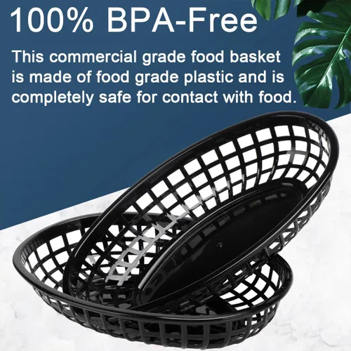 Miniatura 3 de Paquete de 50 cestas de plástico negro para alimentos de 9 x 5.7 pulgadas, ovaladas para freír comida rápida, cestas de plástico para perros