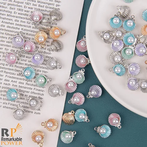 Miniatura 6 de Paquete de 60 dijes esmaltados de concha de almeja con perlas acrílicas para pulseras, aretes, fabricación de joyas, manualidades