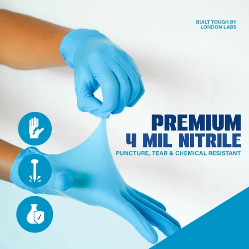Miniatura 2 de London Labs Synsafe - Guantes de examen de nitrilo azul de 4 mil, desechables, sin látex y sin polvo, extra fuertes, guantes de goma