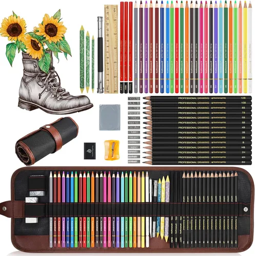Kit de lápices de dibujo de bocetos, juego de 50 piezas con 24 lápices de colores para adultos y niños, 14 grafito, 3 borradores de carbón, etc.,