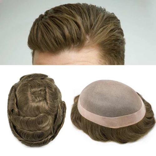 Miniatura 44 de Toupee para hombres sistemas de reemplazo de piezas de cabello humano real, duradero, fino, mono para hombre, tupé, sistema de cabello para hombre