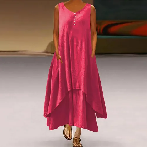 Miniatura 2 de Vestidos de verano de lino y algodón para mujer 2024 Vestido Largo Mangas bolsillos a la Moda Vestidos Largos