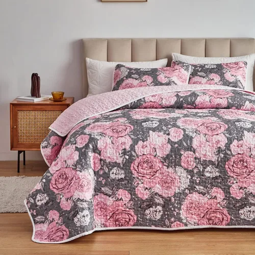 Miniatura 12 de UOZZI BEDDING - Juego de edredón reversible de 3 piezas tamaño Queen, con hojas verde azuladas y flores rojas en blanco, microfibra suave y ligera