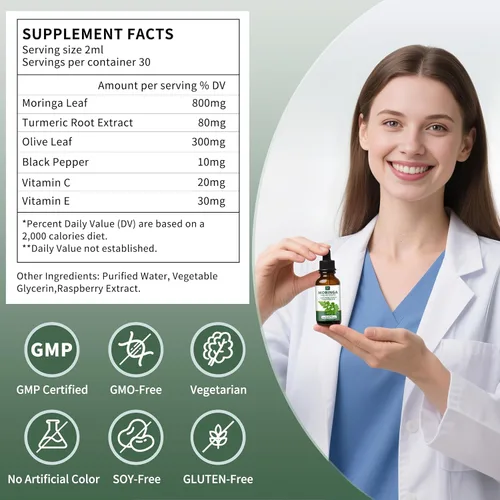 Miniatura 5 de Gotas líquidas de moringa orgánica para piel, intestino, apoyo inmunológico, hoja de moringa oleifera, raíz de cúrcuma, hoja de olivo, pimienta