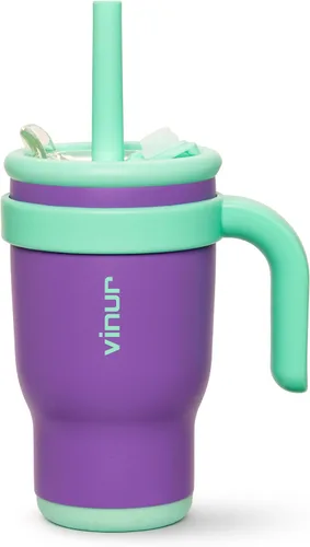 Miniatura 32 de VINUR Vaso para niños con asa - 14 oz de acero inoxidable con aislamiento al vacío de doble pared con tapa y pajita, vaso de agua de viaje