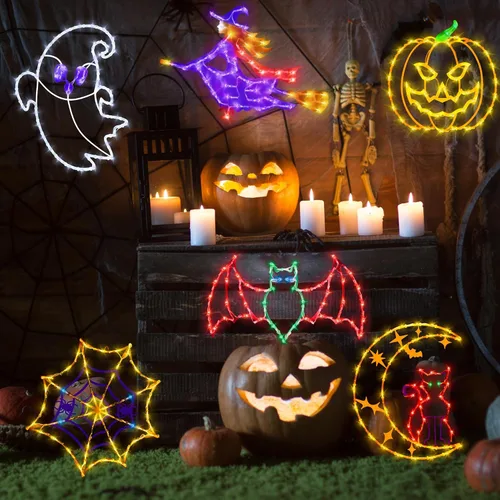 Miniatura 5 de Decoraciones de Luces de Siluetas para Ventana de Halloween de 16" - Paquete de 6 Colores Iluminados Gato en Luna y Fantasma y Telaraña y Calabaza