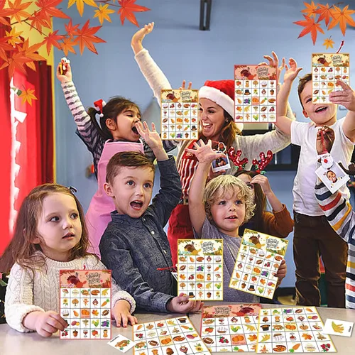 Miniatura 6 de VESPRO 46 tarjetas de juego de bingo de Acción de Gracias para 30 jugadores, juegos de fiesta del día de Acción de Gracias, bingo de otoño