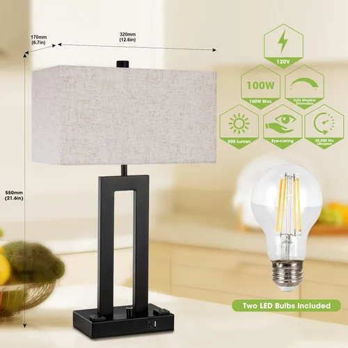 Miniatura 2 de Juego de lámparas de mesa modernas de 2 a 22 pulgadas de alto con puertos de carga USB-C/USB-A y tomacorriente, tela regulable continua, lámparas