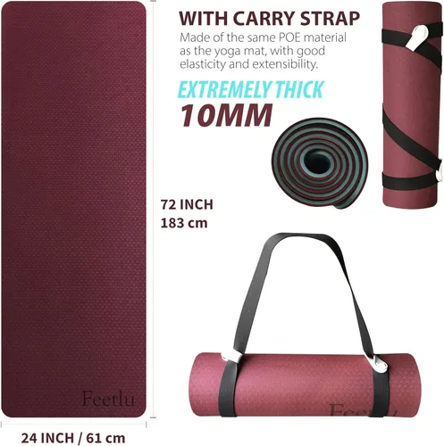 Miniatura 2 de Tapete de yoga para ejercicios extra grueso con correa - 2/5 pulgadas (10 mm), tapete antideslizante para entrenamiento de yoga, pilates y Rojo