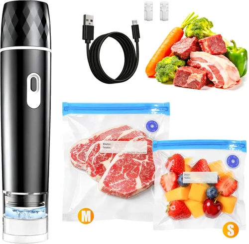 Sellador al vacío compacto para alimentos, máquina selladora al vacío + 30 bolsas de vacío reutilizables, potente sellador de alimentos al vacío de