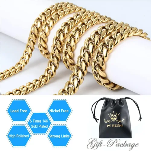 Miniatura 3 de Gargantillabrazalete con cadena de eslabones cubanos pesados para hombre, de acero inoxidable grueso chapado en oro de 14 quilates, disponible