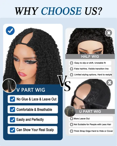Miniatura 6 de Pelucas de Cabello Humano Rizado Birmano con Parte en V Densidad del 200% Actualización Pelucas de Cabello Humano con Parte en U con Cordón