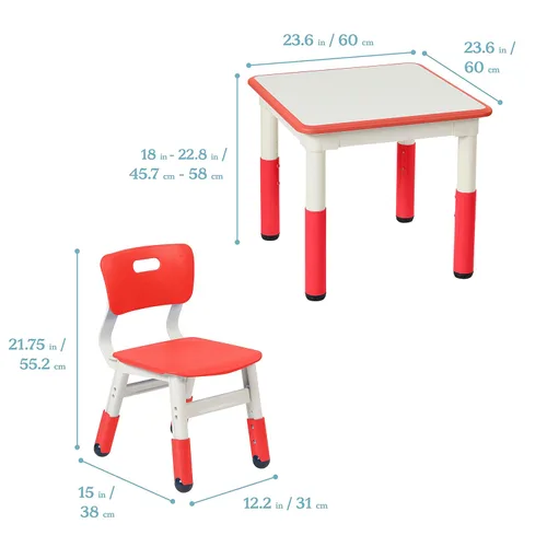 Miniatura 2 de ECR4Kids Mesa de actividades rectangular de borrado en seco con 2 sillas, ajustable, muebles para niños, azul, 3 piezas Rojo