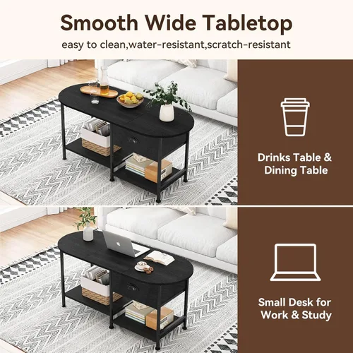 Miniatura 3 de Mesa de centro ovalada pequeña de 37 pulgadas con almacenamiento, mesa central de madera moderna para espacios pequeños, apartamento, oficina