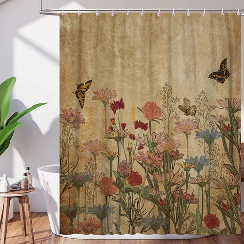 Miniatura 8 de Cortina de ducha rústica para baño, cortina de ducha bohemia retro con flores botánicas, 36 x 71 pulgadas, hojas de plantas naturales, mariposa