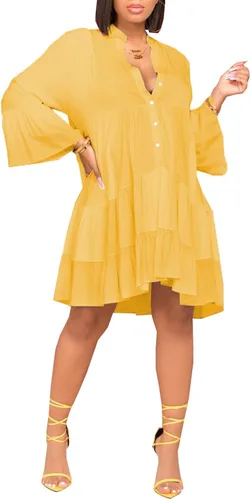 Miniatura 2 de FairyLove Women's Casual V Neck Dress Long Sleeve Flowy Babydoll Swing Ruffle Dress