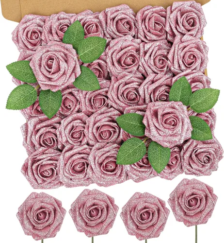 Miniatura 30 de MACTING 30 Rosas Artificiales Blancas Flores Falsas con Tallo Rosas de Espuma de Tacto Real para DIY Arreglos de Ramo de Boda Centros de Mesa White-1