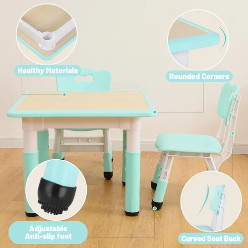 Miniatura 5 de FUNLIO Juego de mesa y 4 sillas para niños, juego de mesa y sillas ajustables en altura para niños de 3 a 8 años, mesa fácil de limpiar para Verde