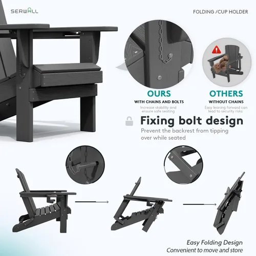 Miniatura 4 de SERWALL Silla Adirondack plegable, Silla Adirondack HDPE con textura de madera - gris
