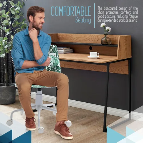 Miniatura 4 de Silla de escritorio de oficina sin brazos en vinilo con estampado de hojas de plátano (blanco) – Silla ergonómica de respaldo medio con ruedas, sin