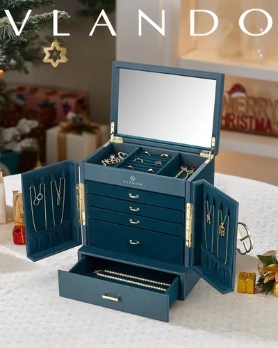 Miniatura 2 de Vlando Joyero grande, cajas de joyería y organizadores de 6 niveles, estuche de almacenamiento de joyas con espejo con 5 cajones, reloj de piel