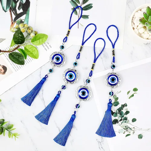 Miniatura 3 de Adorno colgante de ojo malvado de la suerte para automóvil, resina azul, cuentas contra el mal de ojo, dije con borla, espejo retrovisor, accesorios