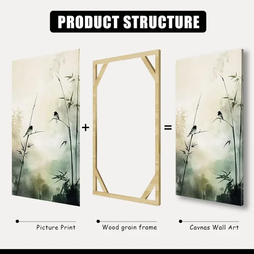 Miniatura 6 de Sutanun Lienzo de paisaje abstracto japonés para pared, impresión de bosque brumoso verde de tres paneles con pájaros y árboles, arte minimalista
