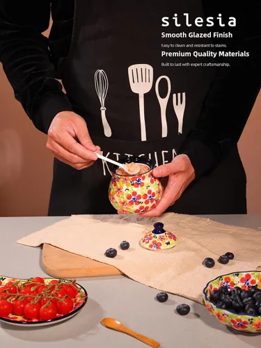Miniatura 6 de Silesia Azucarero hecho a mano con tapa y cuchara, jarra de azúcar de cerámica pintada a mano de 9 onzas para el hogar en caja de regalo, decoración