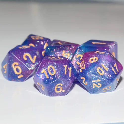 Miniatura 2 de Dados DND Galaxy de 7 piezas, con purpurina cósmica, morado y azul, mezcla de dados DND poliédricos para RPG MTG
