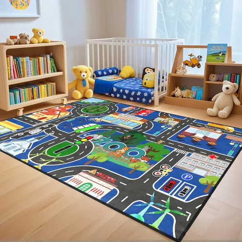 Miniatura 17 de Alfombra de carretera para habitación de niños, alfombra de juego azul para pista de carreras, alfombra de coche para dormitorio, sala