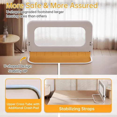 Miniatura 6 de Barandilla de protección para cama de bebé para niños pequeños, altura ajustable de 32 pulgadas, barandilla de cama abatible, barandilla lateral