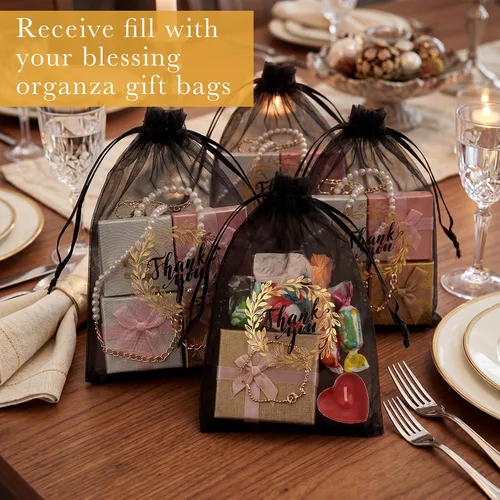 Miniatura 5 de Shappy 100 bolsas de regalo de organza transparente de agradecimiento negras a granel de 4 x 6 pulgadas, bolsas con cordón para recuerdos de fiesta