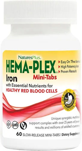 NaturesPlus Hema-Plex Iron - 60 mini-pestañas de liberación lenta - Paquete de 2 - 85 mg de hierro quelado - Salud total de la sangre - con vitamina