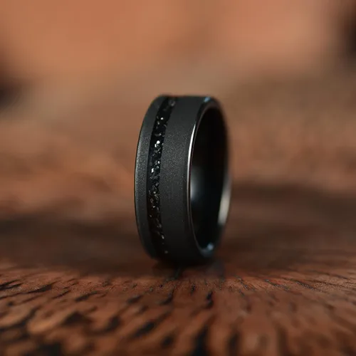 Anillo de boda para hombre, tungsteno de meteorito aplastado, negro, 0.315 in