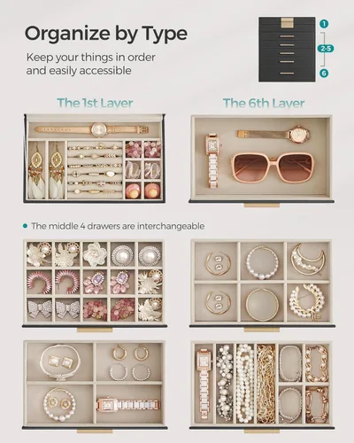 Miniatura 3 de SONGMICS UJBC171B01 - Joyero con tapa de cristal, organizador de joyas de 6 capas con 5 cajones, para gafas de sol y joyas grandes, almacenamiento