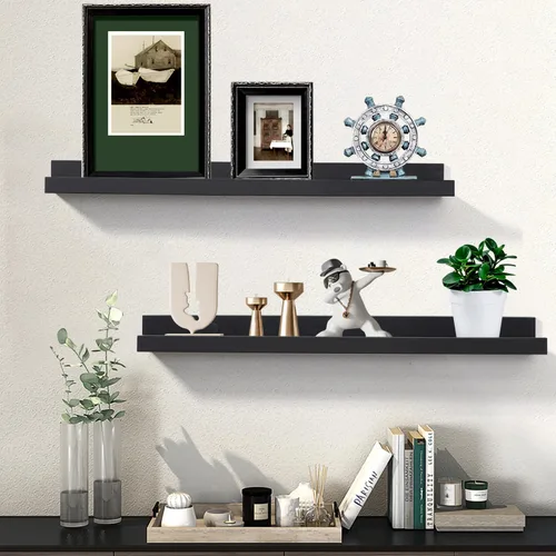 Miniatura 2 de Estantes flotantes negros para pared de 24 pulgadas con reborde, repisa moderna para cuadros, estantes de pared para fotos, decoración