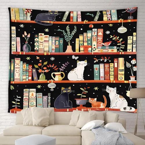 Miniatura 2 de Tapiz para estantería de gato, biblioteca mágica de fantasía, plantas florales bohemias, hippie para colgar en la pared, decoración artística