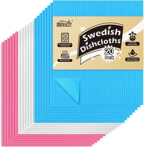 HOMEXCEL Paños de cocina suecos para la cocina, paquete de 20 paños de esponja reutilizables para la cocina y para limpiar encimeras, toallas de