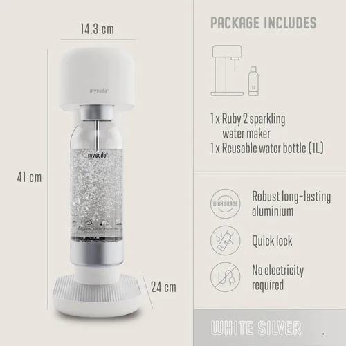 Miniatura 6 de Mysoda Ruby 2 - Máquina de agua carbonatada, silenciosa y duradera con botella de agua de 1 litro, sin cilindro de CO2, color blanco