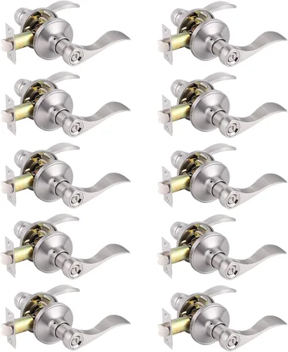 Gobrico, cerradura de níquel suave, con picaporte con curva, sin llave, para la recámara y el baño, 10 unidades, Niquel satinado