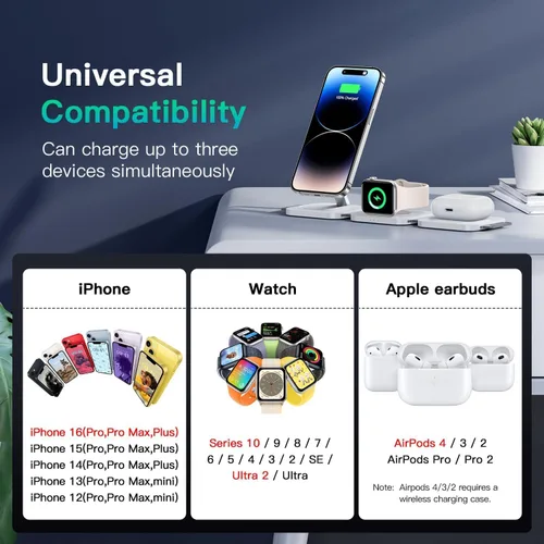 Miniatura 4 de Esenciales de viaje para cargador de Apple Watch, estación de carga 3 en 1 para dispositivos Apple, estación de carga inalámbrica plegable