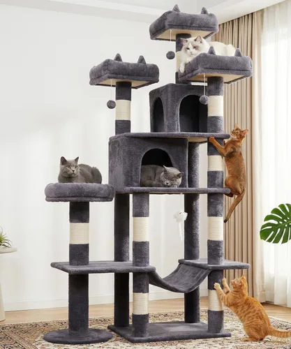 Miniatura 9 de PMT03BW - Árbol para gatos de interior, torre grande de 71 pulgadas con poste rascador y percha superior, hamaca, condominio para gatos adultos