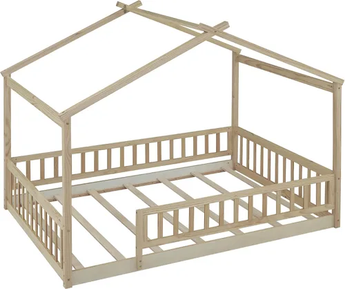Miniatura 7 de RUNNA Marco de cama de madera de tamaño matrimonial con valla, para niños, adolescentes, niñas, niños, (Natural-Thinck 4col)