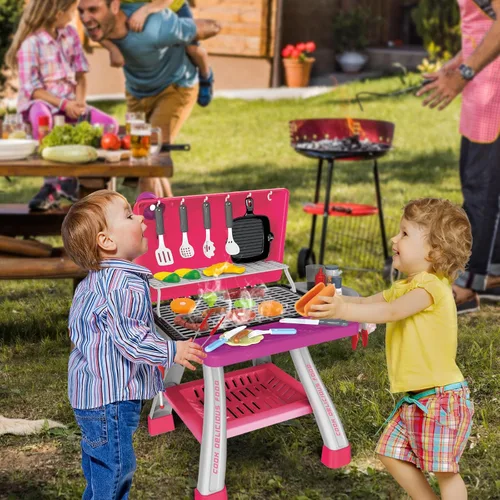 Miniatura 2 de AuroTops Juego de juguetes de cocina rosa, juego de parrilla para niños con humo, sonido y luz, juego de chef, juguetes interactivos de cocina