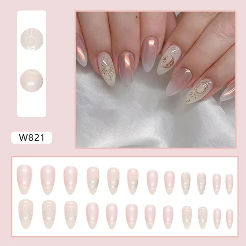 Miniatura 2 de Aurora - Uñas postizas a presión degradadas, uñas postizas largas de almendra, diseño de sol y luna brillante, uñas artificiales reutilizables