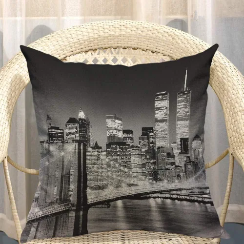Miniatura 4 de Mugod Funda de almohada con diseño de ciudad de Nueva York, paisaje nocturno, puente de edificio, color negro y blanco, funda de cojín de lino