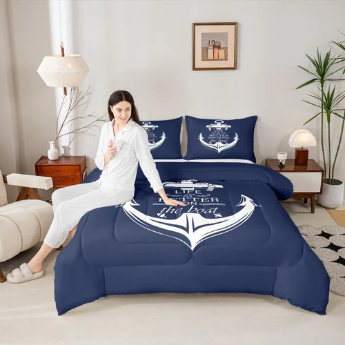 Miniatura 21 de Castle Fairy Juego de edredón de verano para niños, tamaño individual, diseño náutico reversible con diseño náutico de estrellas de mar, barco y Azul