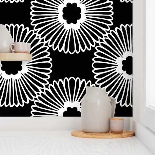 Miniatura 8 de Despegar y pegar muestra de papel tapiz – Flor floral grande negro blanco círculo de la naturaleza Bold Mod Daisy 1960s Retro Modern Decoración