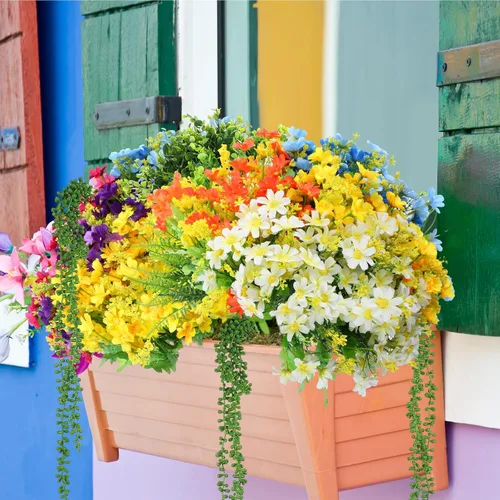 Miniatura 5 de Zeyune Juego de 48 plantas y flores colgantes falsas, ramo de flores de orquídeas coloridas, helecho boston, plástico, eucalipto, cesta suculenta